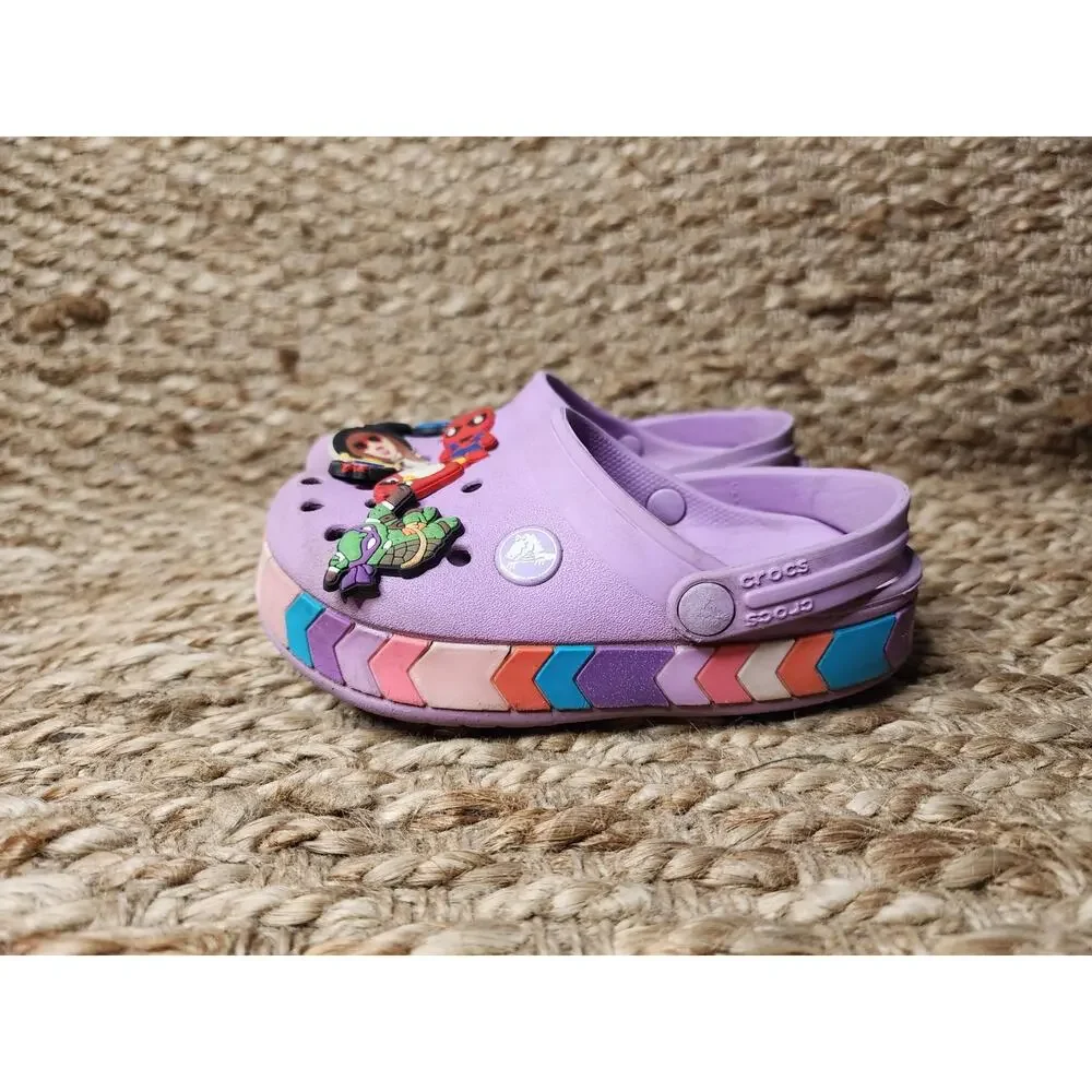 Crocs Shoes Girls Sz. C 10 Crocband Chevron Beaded Clogs Purple Rainbow Jib Bitz